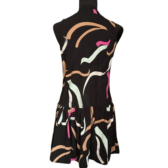 Nine West XS Black & Multicolor Abstract Print Sleeveless Button-Down Drop-Waist - Picture 3 of 4